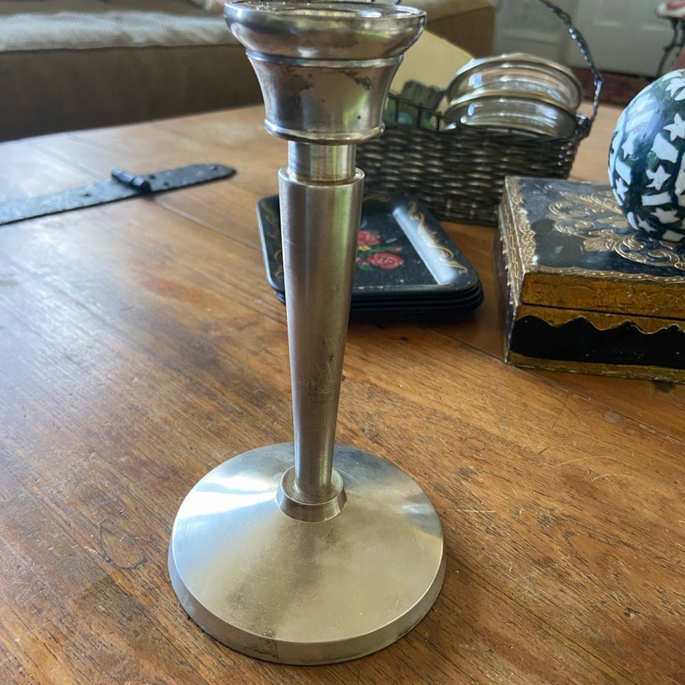 Pottery Barn Silver Metal Candlestick- 7 inches tall
